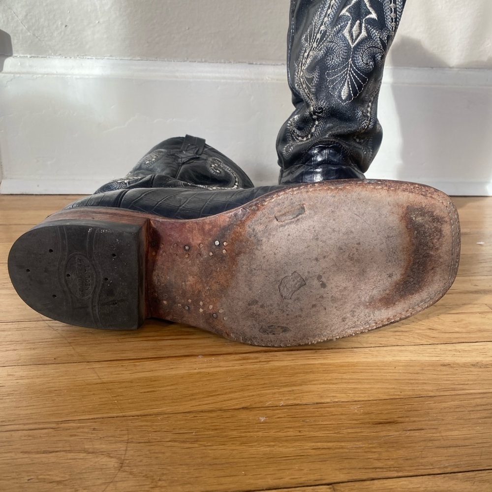 FERRINI Cowboy Boots Black Teju Lizard Skin with White Stitching Men Size 10.5 - Picture 5 of 9
